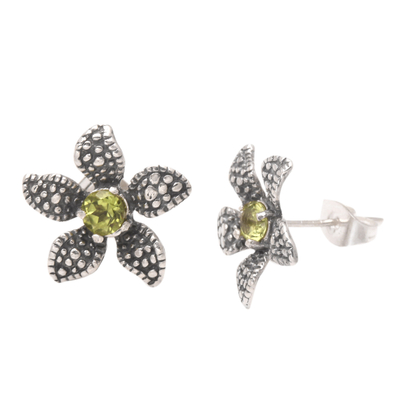 Peridot flower earrings, 'Timeless Jasmine' - Peridot and Sterling Silver Flower Earrings