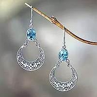 Blue topaz dangle earrings, 'Sumatra Moons'