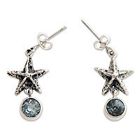 Pendientes colgantes de topacio azul - Aretes colgantes artesanales de plata y topacio azul