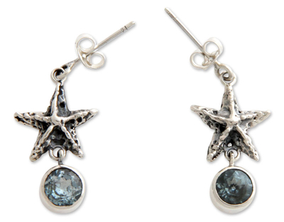 Blue topaz dangle earrings, 'Balinese Starfish' - Artisan Crafted Silver and Blue Topaz Dangle Earrings