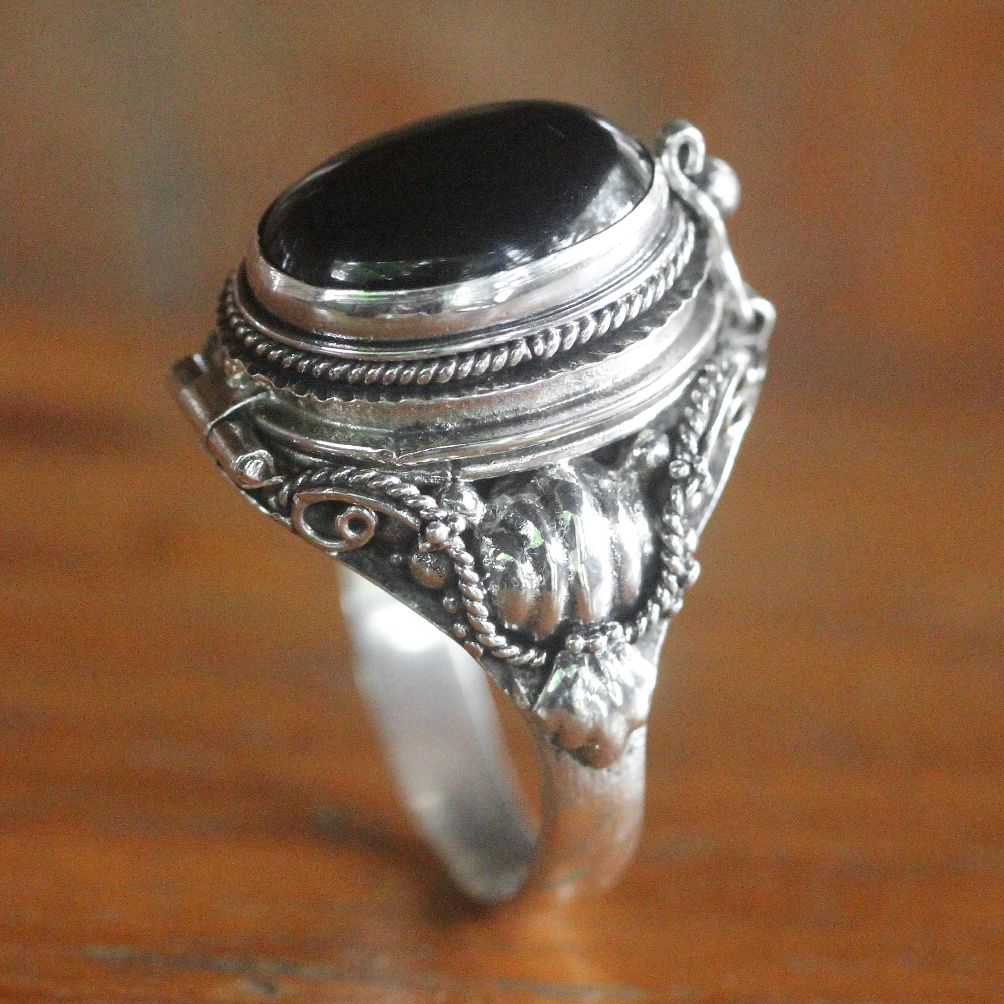 rust Victor Ook Sterling Silver Ring with Onyx Top Compartment - Goth Secrets | NOVICA