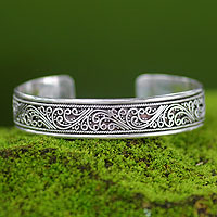Sterling silver cuff bracelet, Fern Ribbon