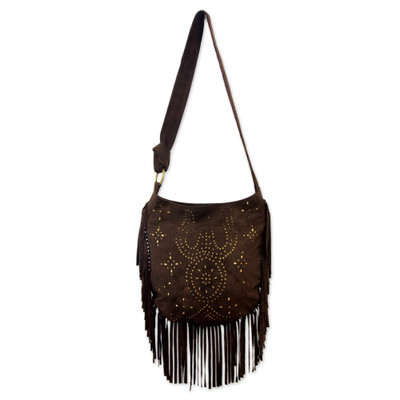 Suede shoulder bag, 'Java Stars' - Handmade Fringed Leather Shoulder Bag from Bali