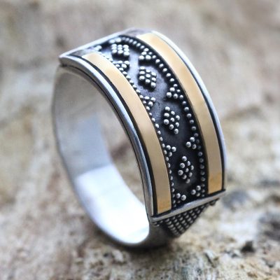 Gold accent band ring, 'Golden Armor' - Traditional Balinese Handcrafted 925 Sterling Silver Band Ri