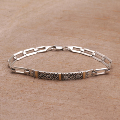 Gold accent  link bracelet, 'Golden Butterfly Temples' - Fair Trade Sterling Silver and Gold Accent Link Bracelet