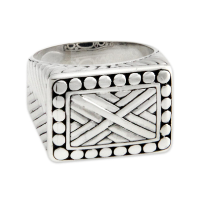 Men's sterling silver signet ring, 'Ancient Fortress' - Men's Handcrafted Sterling Silver Signet Ring