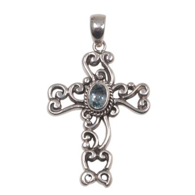Blue topaz cross pendant, 'Balinese Cross' - Fair Trade Sterling Silver and Blue Topaz Pendant