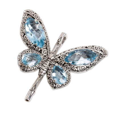 Blue topaz pendant, 'Butterfly of Hope' - Sterling Silver and Blue Topaz Pendant from Indonesia