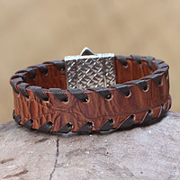 Men's sterling silver and leather wristband bracelet, 'Weaver' - Men's Brown Leather Wristband Bracelet