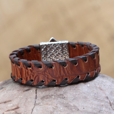 Men's Brown Leather Wristband Bracelet - Weaver | NOVICA