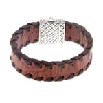 Men's sterling silver and leather wristband bracelet, 'Weaver' - Men's Brown Leather Wristband Bracelet