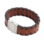 Men's sterling silver and leather wristband bracelet, 'Weaver' - Men's Brown Leather Wristband Bracelet