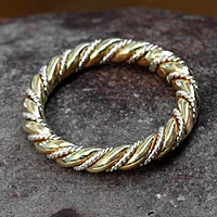 Gold accent band ring, 'Balinese Baroque' - Handmade 18k Gold and Sterling Silver Band Ring