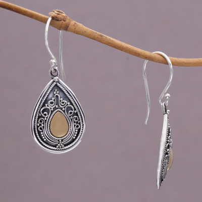 Gold accent dangle earrings, 'Dewdrop Leaves' - Sterling Silver and 18k Gold Plated Earrings