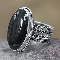Onyx cocktail ring, 'Oracle' - Onyx and Sterling Silver Ring from Indonesia