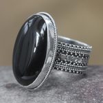 Onyx cocktail ring, 'Oracle' - Handmade Indonesian Onyx and Silver Cocktail Ring
