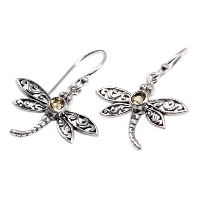 Citrine dangle earrings, 'Enchanted Dragonfly' - Sterling Silver Citrine Dangle Earrings