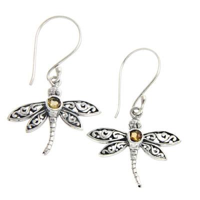 Citrine dangle earrings, 'Enchanted Dragonfly' - Sterling Silver Citrine Dangle Earrings