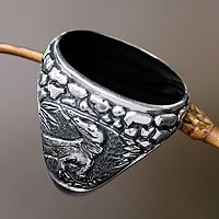 Horn signet ring, 'Komodo King' - Komodo Dragon Sterling Silver Ring