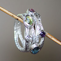 Pink tourmaline and blue topaz band ring, 'Free Spirit' - Modern Sterling Silver and Multigem Ring