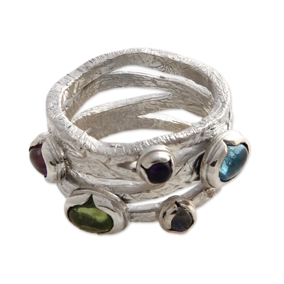 Pink tourmaline and blue topaz band ring, 'Free Spirit' - Modern Sterling Silver and Multigem Ring