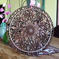 Wood relief panel, 'Royal Lotus' - Hand-Carved Wood Floral Wall Art from Indonesia