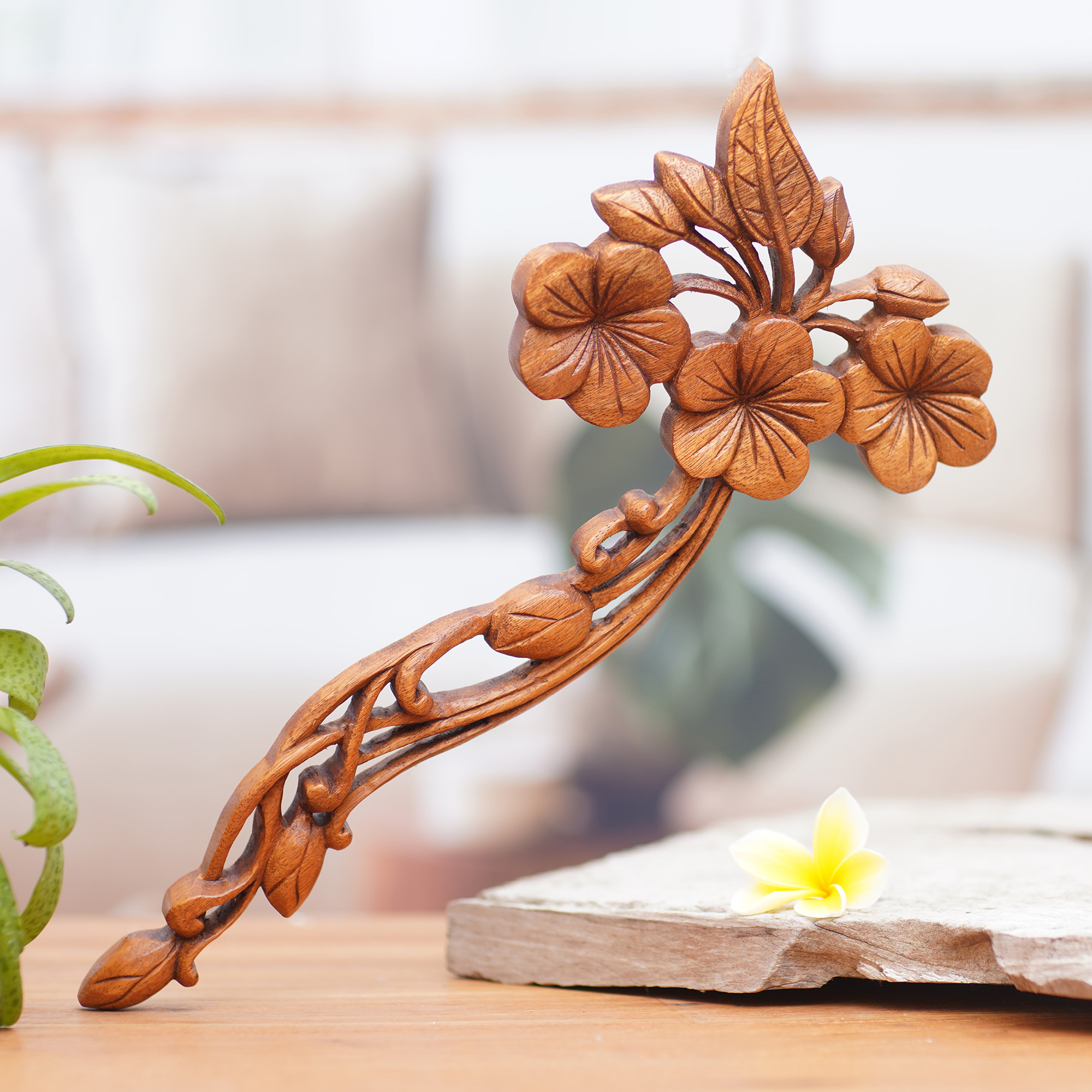 Floral Wood Relief Panel - Plumeria Bouquet | NOVICA