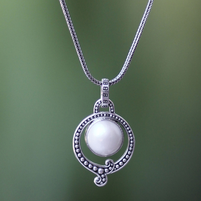 Pearl pendant necklace, 'Angel Halo' - Handmade Pearl and Sterling Silver Necklace