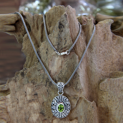 Peridot pendant necklace, 'Verdant Beauty' - Handcrafted Sterling Silver and Peridot Necklace