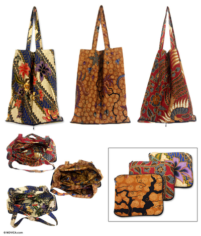 Cotton batik tote bags, Jawadwipa Legacy (set of 3)