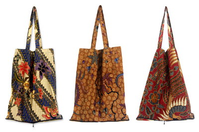 Cotton batik tote bags, 'Jawadwipa Legacy' (set of 3) - Batik Cotton Shopping Tote Bags (Set of 3)