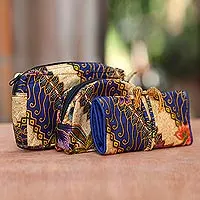 Set de viaje de batik de algodón, (juego de 3) - Bolsas de viaje cosméticas de algodón batik hechas a mano (juego de 3)