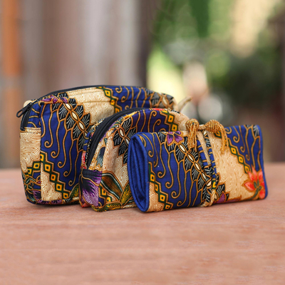 Cotton batik travel set, 'Jogjakarta Legacy' (set of 3) - Handmade Batik Cotton Cosmetic Travel Bags (Set of 3)