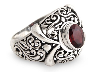 Garnet cocktail ring, 'Heavenly Garden' - Garnet and Sterling Silver Domed Ring