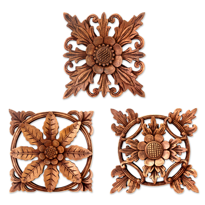 Wood wall panels, 'Balinese Flowers' (set of 3) - Balinese Hand Carved Wood Floral Relief Panels (Set of 3)