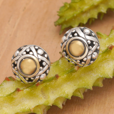Gold accent button earrings, 'Majapahit Shield' - Hand Crafted Gold Accent Button Earrings