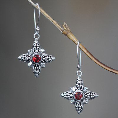 Garnet dangle earrings, 'Celuk Star' - Garnet and Silver Dangle Earrings
