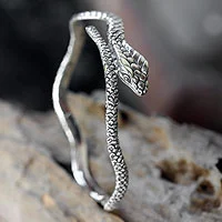 Sterling silver bangle bracelet, 'King Cobra' - Hand Made Sterling Silver Snake Bangle Bracelet