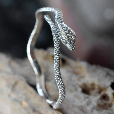 Sterling silver bangle bracelet, 'King Cobra' - Hand Made Sterling Silver Snake Bangle Bracelet