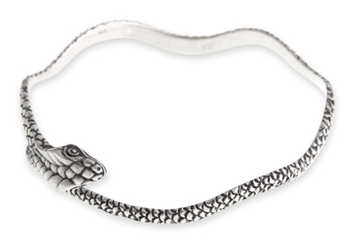 Sterling silver bangle bracelet, 'King Cobra' - Hand Made Sterling Silver Snake Bangle Bracelet