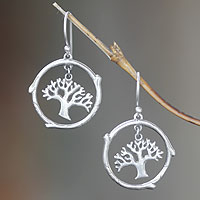 Sterling silver dangle earrings, 'Taru Menyan' - Handmade Sterling Silver Tree Earrings