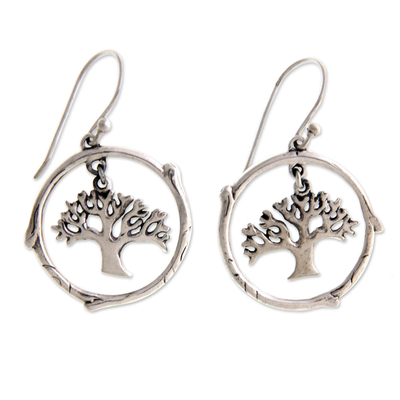 Sterling silver dangle earrings, 'Taru Menyan' - Handmade Sterling Silver Tree Earrings
