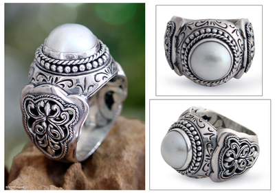Cultured pearl domed ring, 'Princess Fantasy' - Hand Crafted Pearl and Sterling Silver Dome Ring