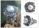 Cultured pearl and blue topaz cocktail ring, 'Water Shrine' - Handmade Sterling Silver and Pearl Cocktail Ring