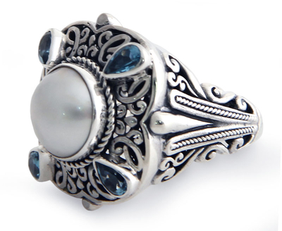 Cultured pearl and blue topaz cocktail ring, 'Water Shrine' - Handmade Sterling Silver and Pearl Cocktail Ring