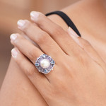 Cultured pearl and blue topaz cocktail ring, 'Water Shrine' - Handmade Sterling Silver and Pearl Cocktail Ring
