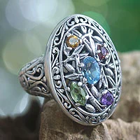 Anillo de cóctel con topacio azul y peridoto - Anillo de cóctel de plata y multigema