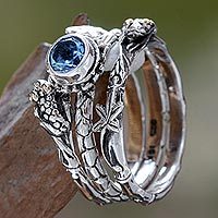 Blue topaz stacking rings, 'Tree Frog' (set of 3) - Unique and Fun Blue Topaz and Silver Stack Frog Ring