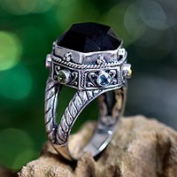 Onyx and peridot domed ring, 'Night Temple' - Unique Sterling Silver and Onyx Ring from Indonesia