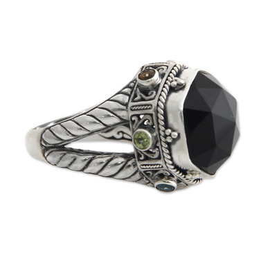 Onyx and peridot domed ring, 'Night Temple' - Handcrafted Sterling Silver and Onyx Cocktail Ring